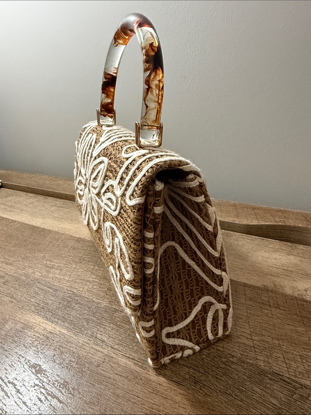 HAUTE HIPPIE Woven Floral Appliqué Top-Handle Bag in Brown w White Trim - Picture 2 of 6